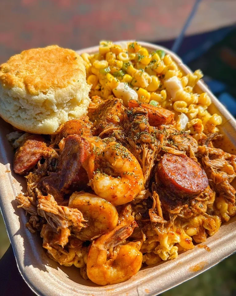 Delicious chicken sausage stew with potatoes and shrimp alongside buttermilk biscuits.
