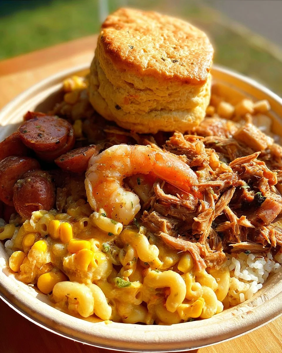 Delicious chicken sausage stew with potatoes, shrimp, and homemade biscuits.