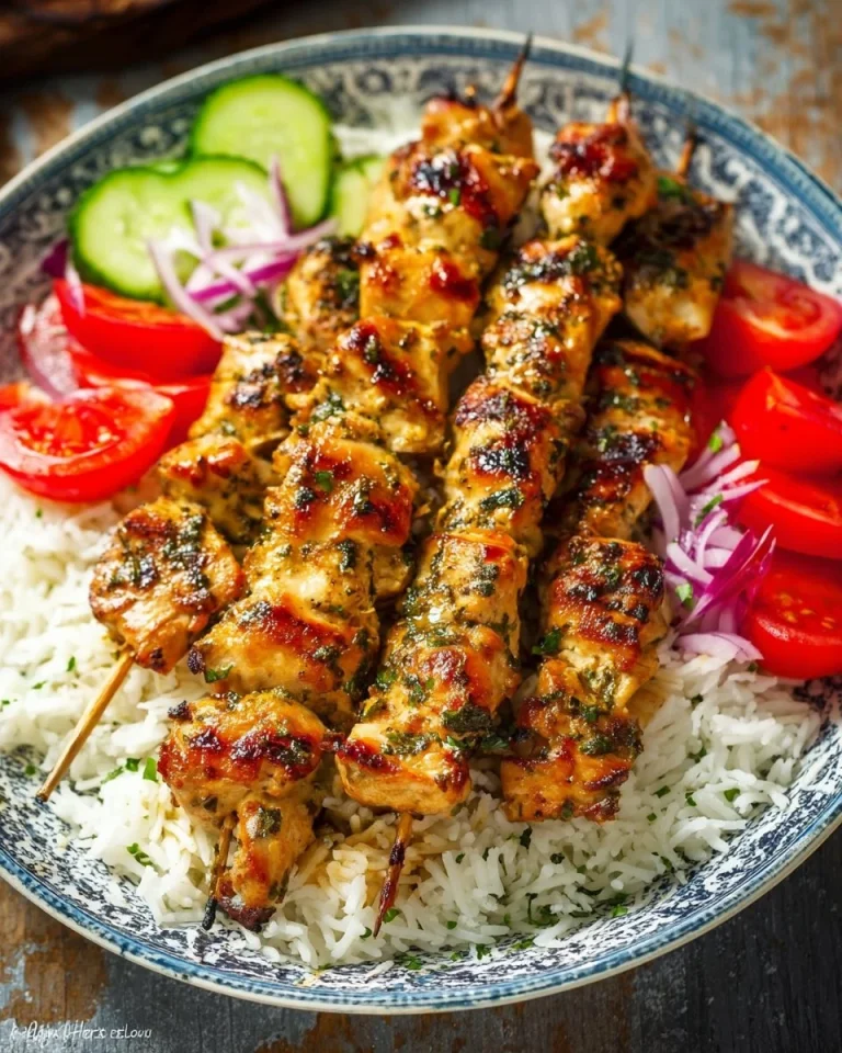 Grilled Chicken Souvlaki skewers served with tzatziki and vegetables