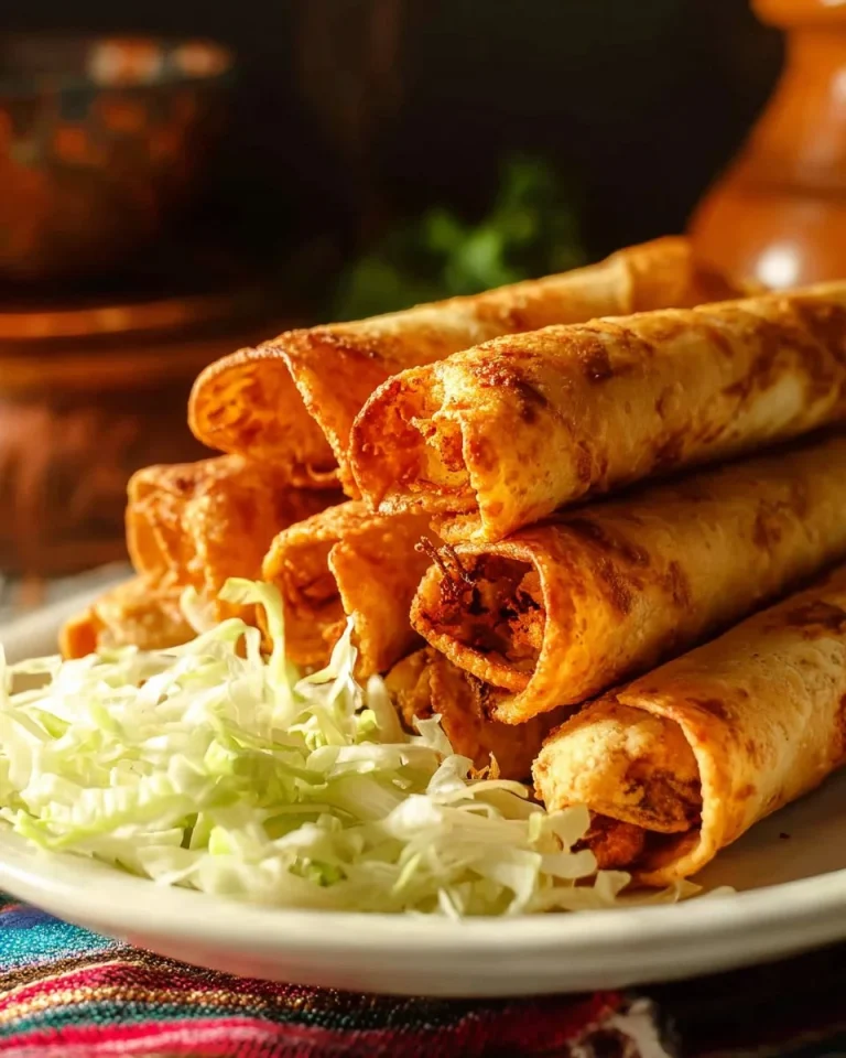 Homemade Chicken Taquitos plated with salsa and garnished.