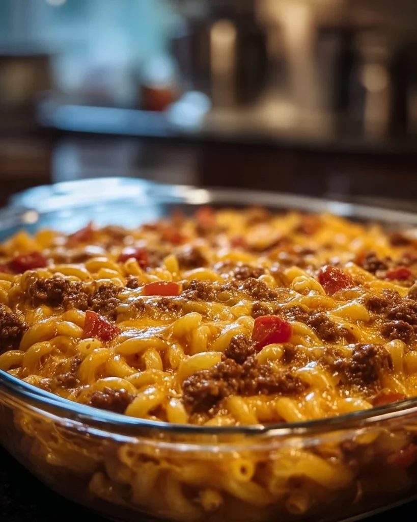 Coney Chili Mac Casserole topped with cheese and garnished with green onions