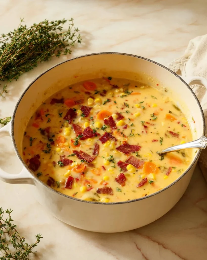 Delicious bowl of homemade corn chowder garnished with herbs