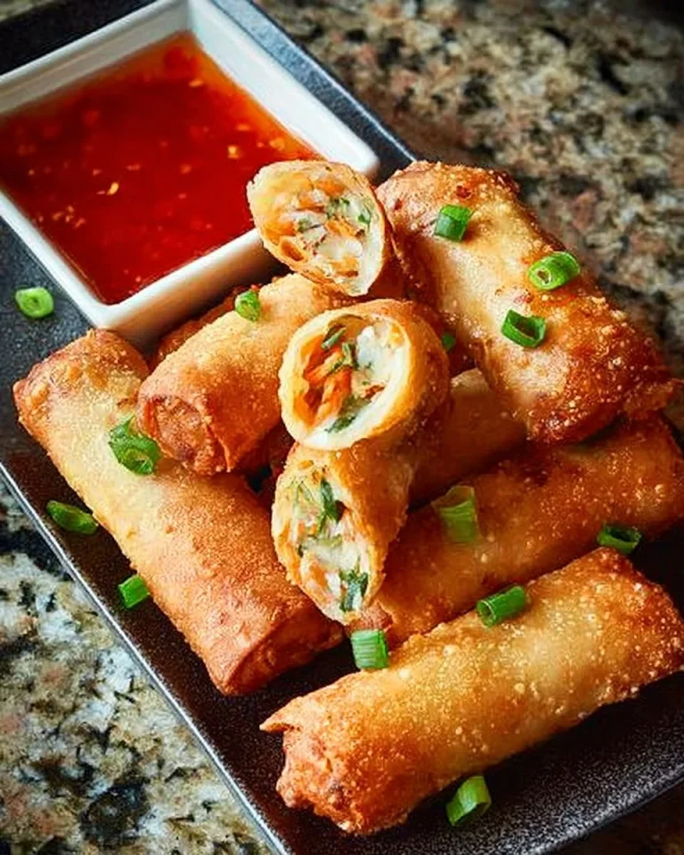Crispy Crab Rangoon Egg Rolls served with sweet and sour sauce