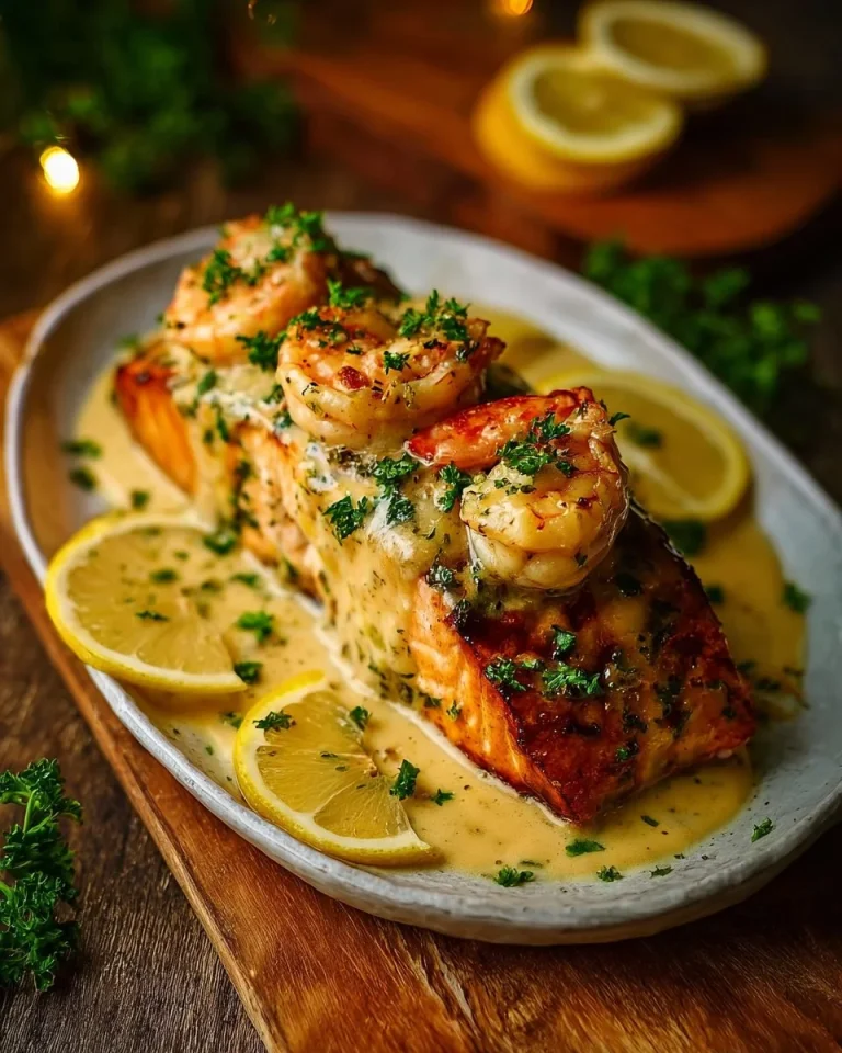 Crab and shrimp stuffed salmon on a plate garnished with herbs