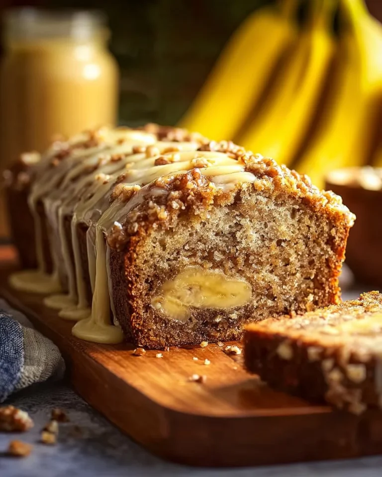 Delicious cream cheese banana bread with crumb topping on a wooden table.