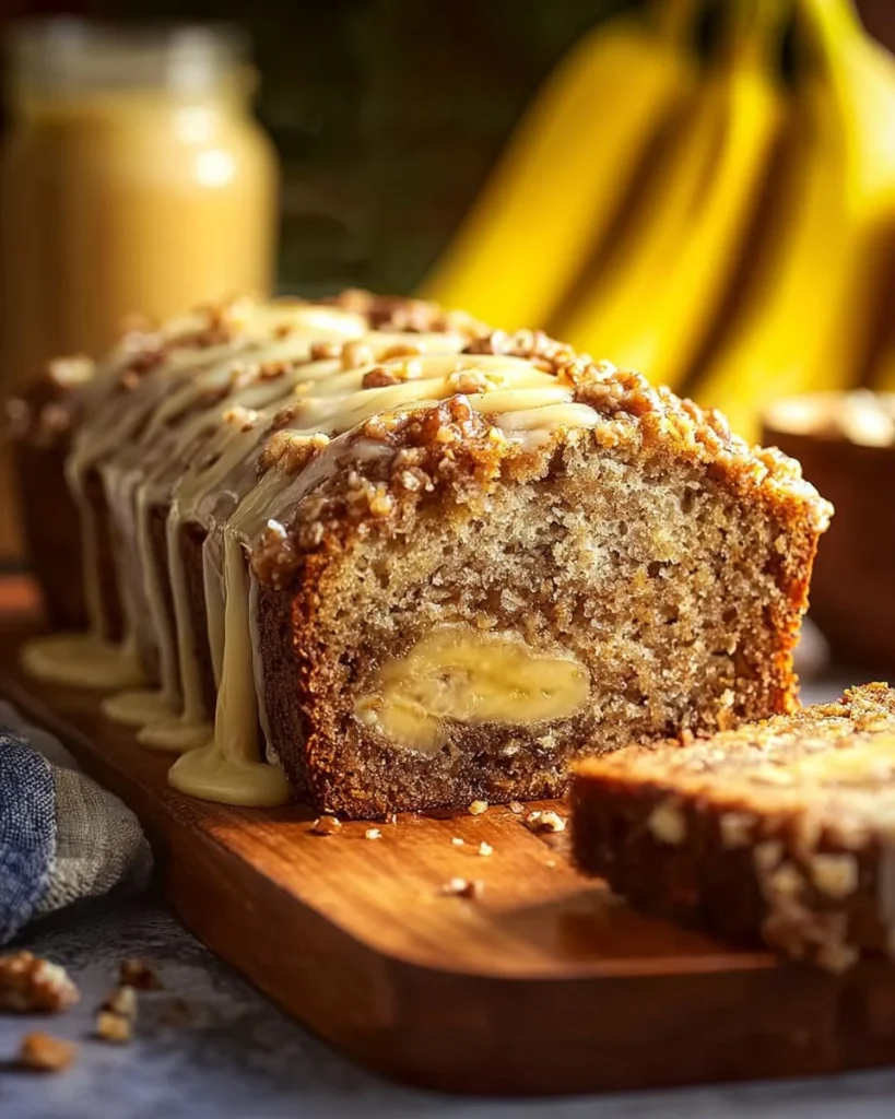 Delicious cream cheese banana bread with crumb topping on a wooden table.