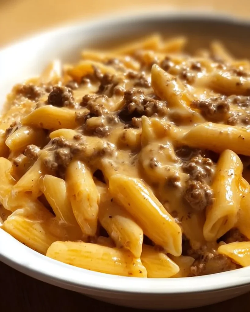 Creamy cheesy pasta dish topped with hamburger, perfect for a hearty meal.