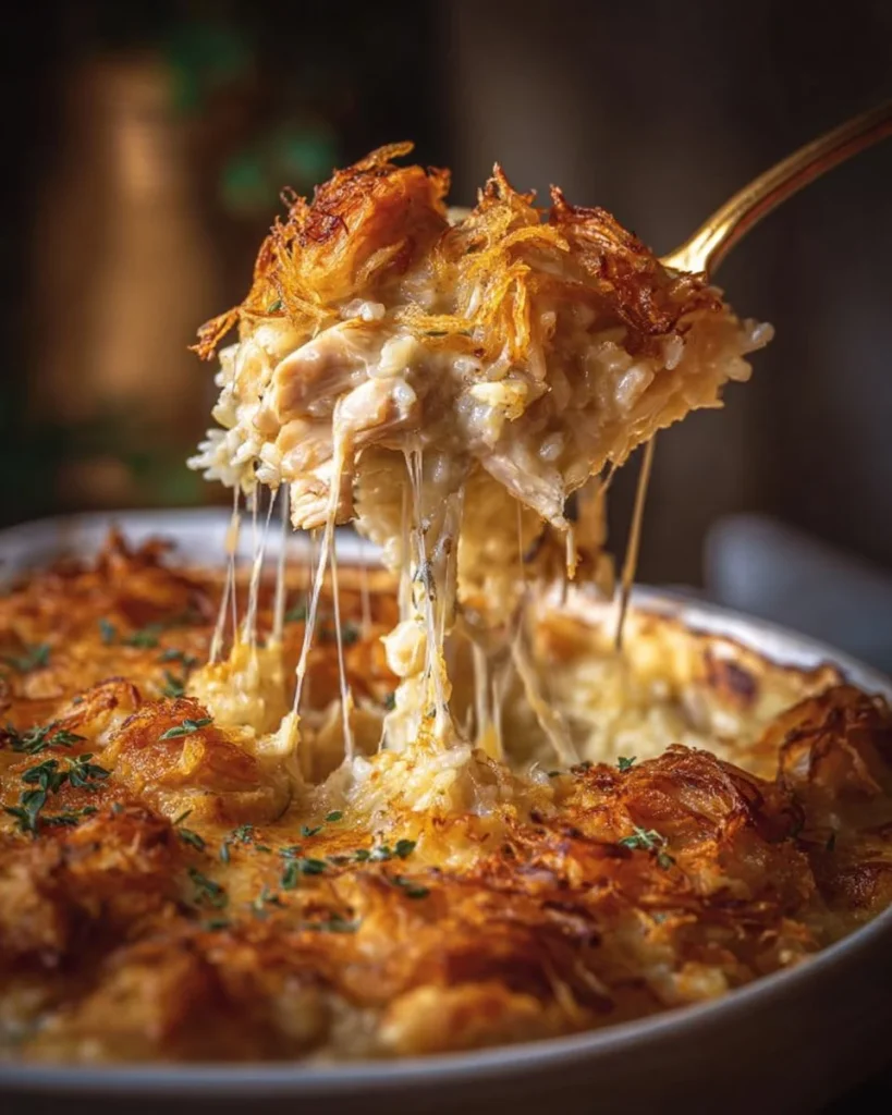 Creamy chicken rice casserole dish with vegetables and cheese