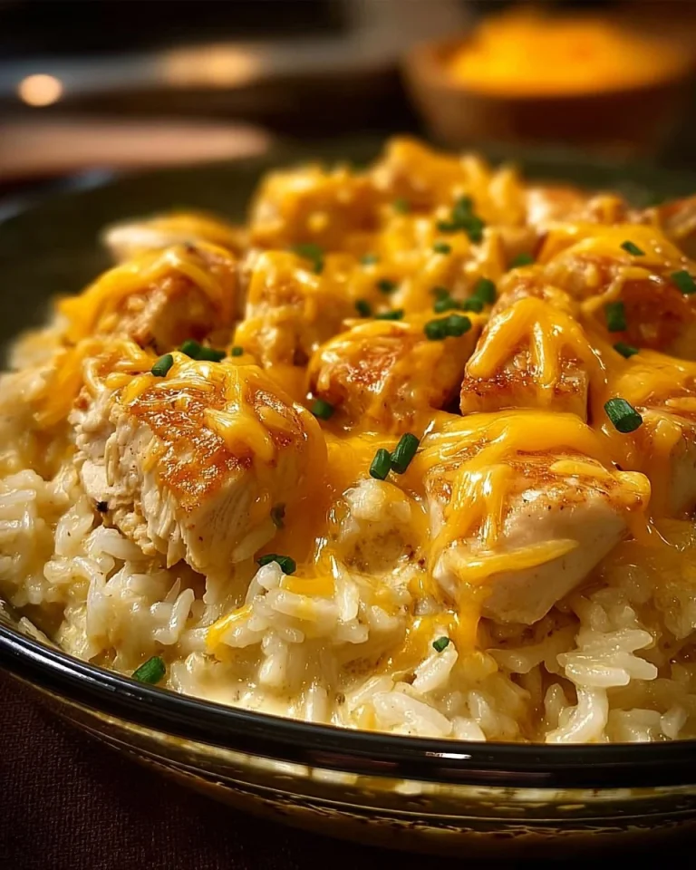 Creamy Chicken Rice Casserole served in a baking dish