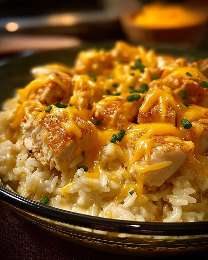 Creamy Chicken Rice Casserole served in a baking dish