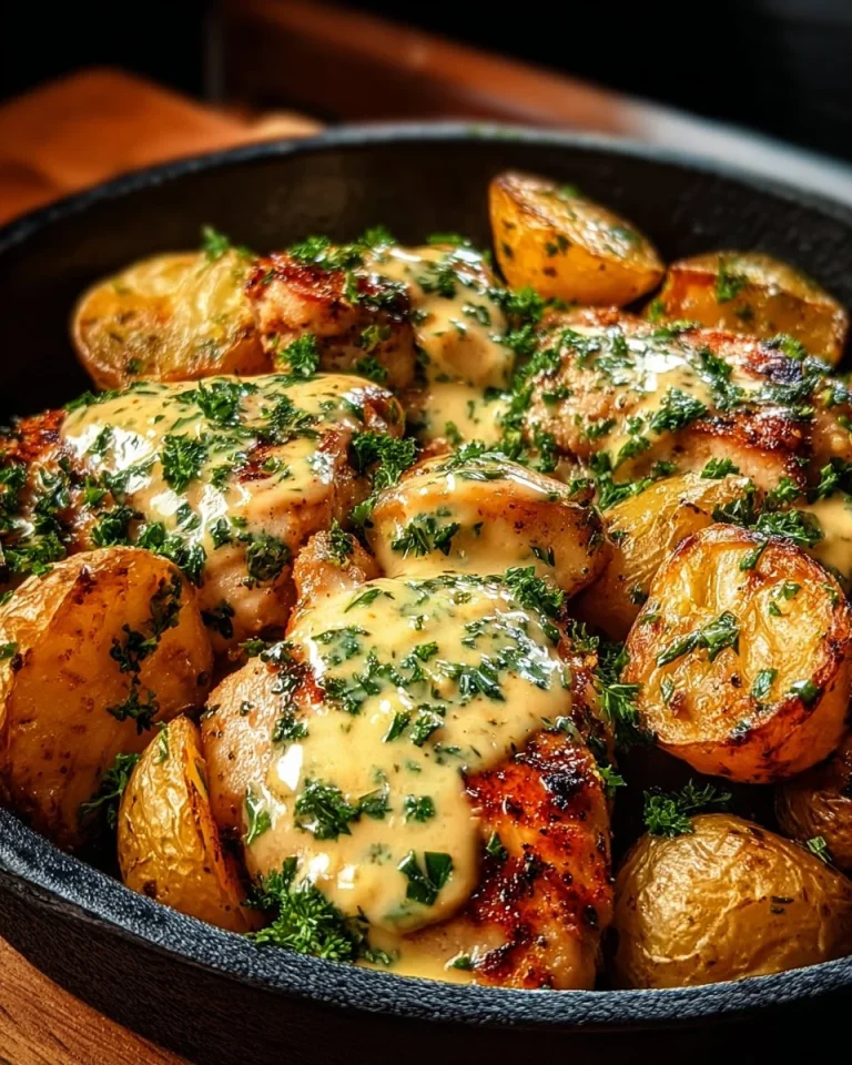 Creamy Garlic Chicken dish plated with roasted baby potatoes, garnished with herbs.