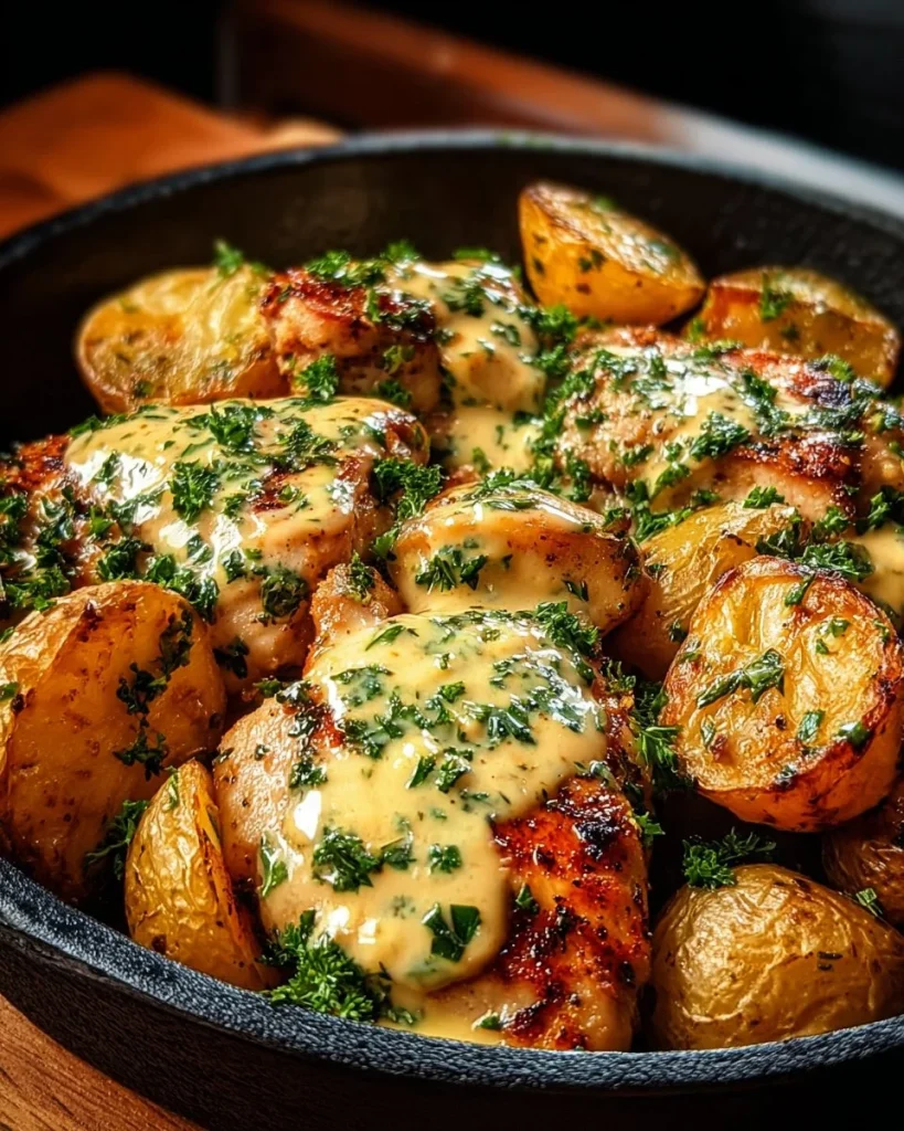 Creamy Garlic Chicken dish plated with roasted baby potatoes, garnished with herbs.