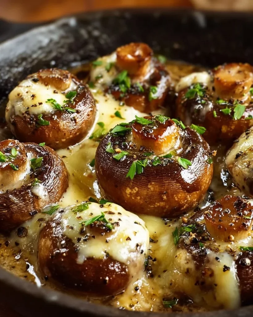 Creamy garlic parmesan mushrooms in a skillet, garnished with parsley.
