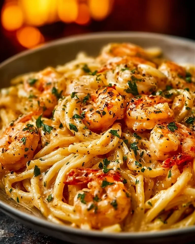 Creamy Mozzarella Shrimp Pasta dish served in a bowl with fresh herbs