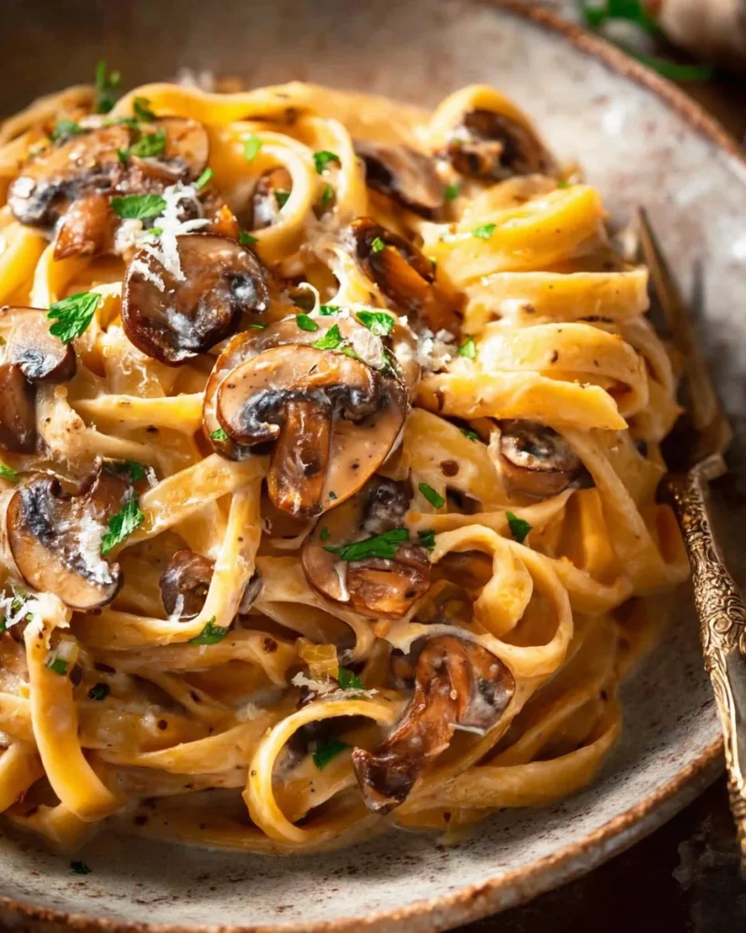 Creamy mushroom pasta served in a bowl with fresh herbs