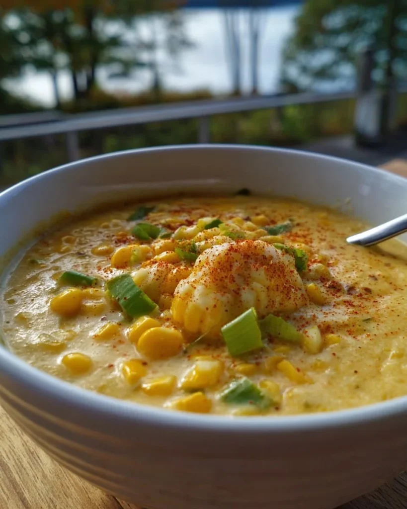 Bowl of Creole Crab & Corn Chowder garnished with herbs