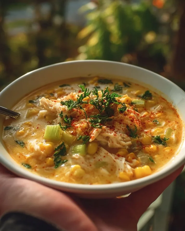 A bowl of creamy Creole crab and corn chowder garnished with fresh herbs.