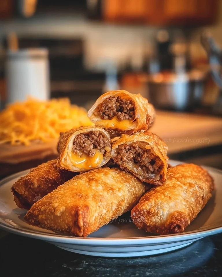 A plate of crispy cheeseburger egg rolls filled with beef and cheese.