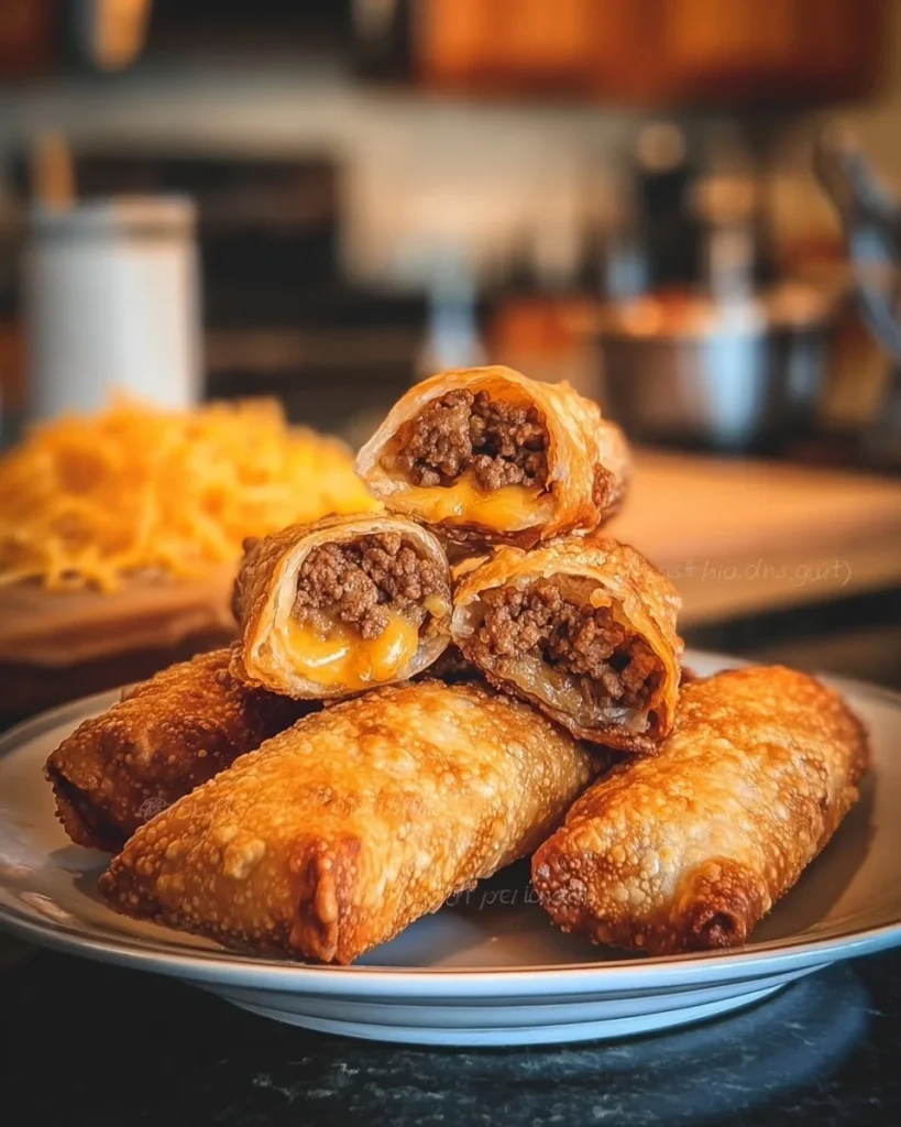 A plate of crispy cheeseburger egg rolls filled with beef and cheese.