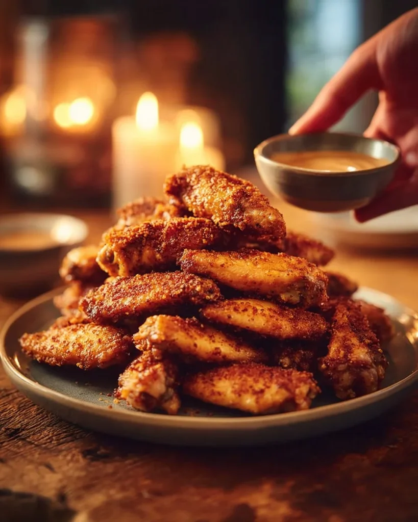 Plate of crispy chicken wings drizzled with sauce and garnished with herbs