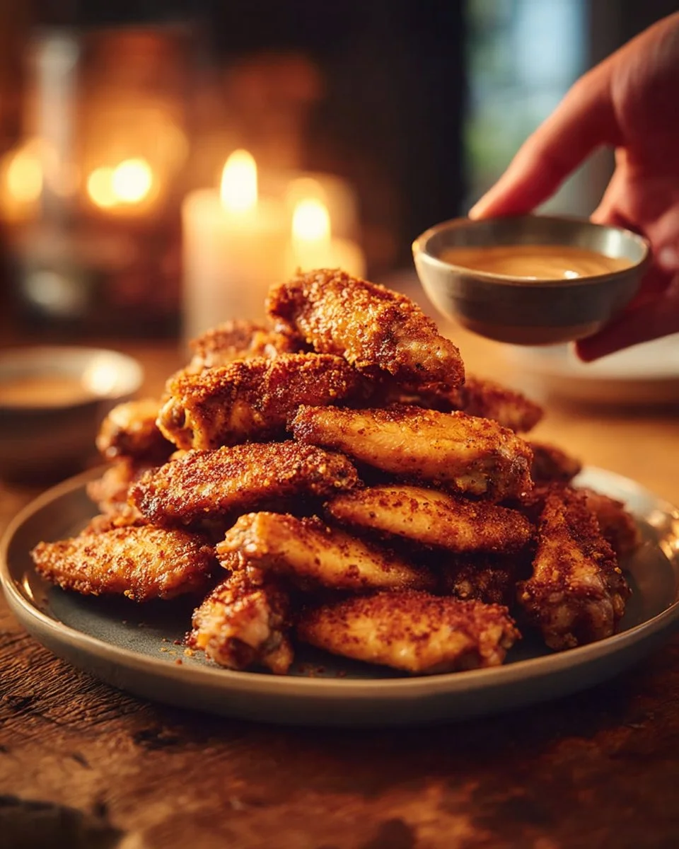 Plate of crispy chicken wings drizzled with sauce and garnished with herbs