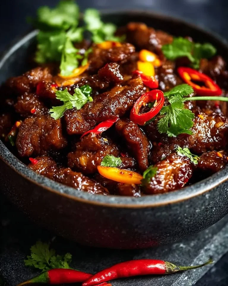 Delicious Crispy Chilli Beef served with colorful vegetables
