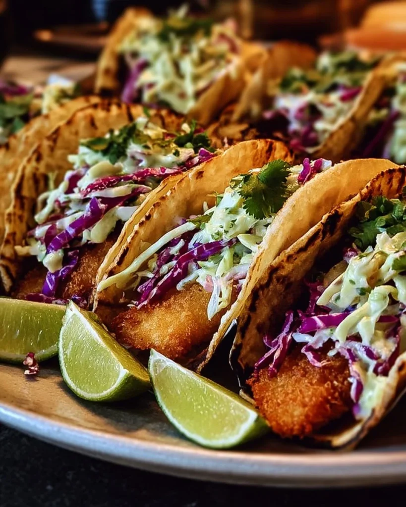 Plate of crispy fish tacos topped with fresh cilantro lime slaw