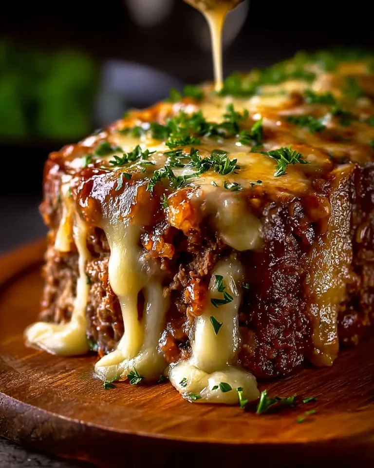 Crockpot French Onion Meatloaf with melted Swiss cheese served on a plate.