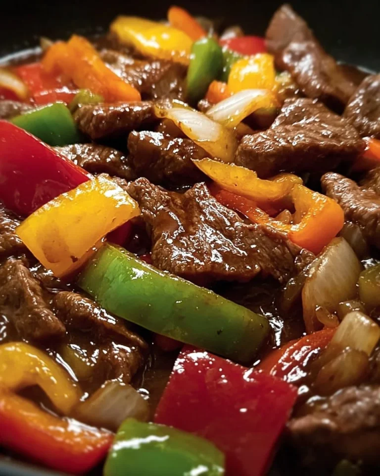 Delicious Crockpot Pepper Steak with bell peppers and tender beef slices in a bowl.