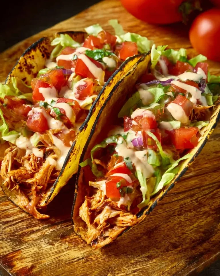Delicious crockpot shredded chicken tacos on a plate with fresh toppings