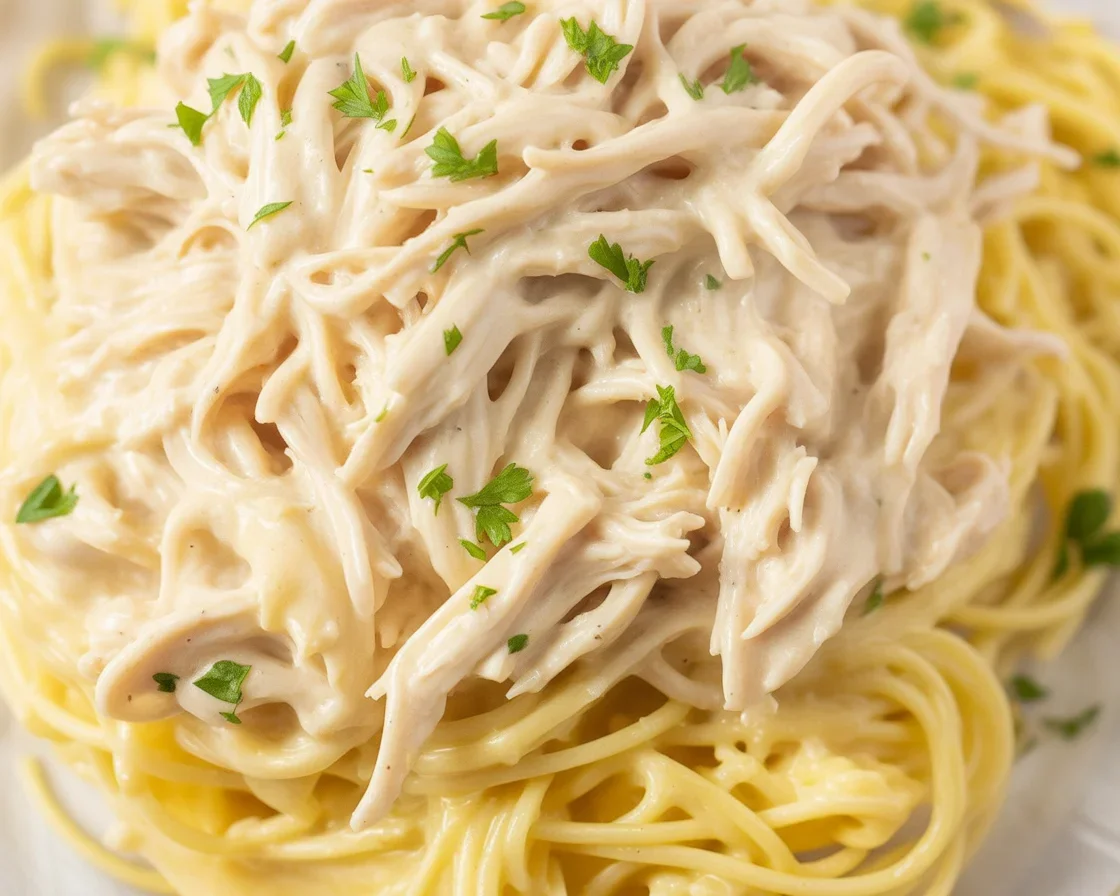 Creamy crockpot angel chicken served over angel hair pasta in a bowl.
