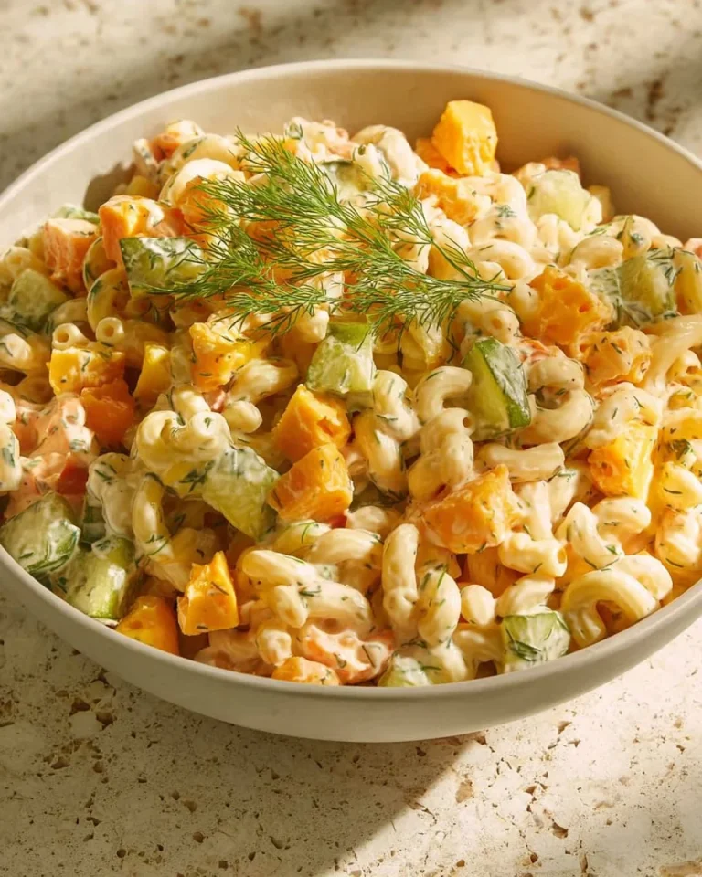 Bowl of Dill Pickle Pasta Salad with fresh ingredients