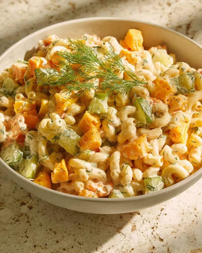 Bowl of Dill Pickle Pasta Salad with fresh ingredients