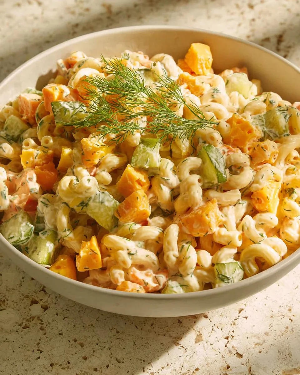 Bowl of Dill Pickle Pasta Salad with fresh ingredients
