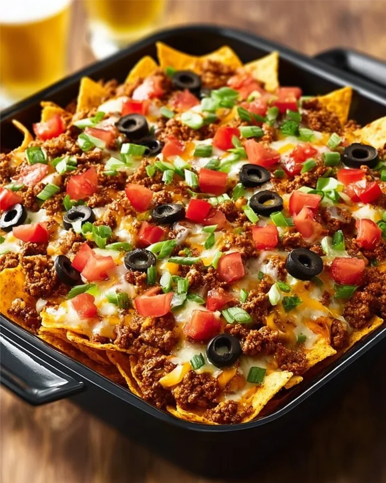 Delicious Dorito Casserole topped with melted cheese and crunchy Doritos