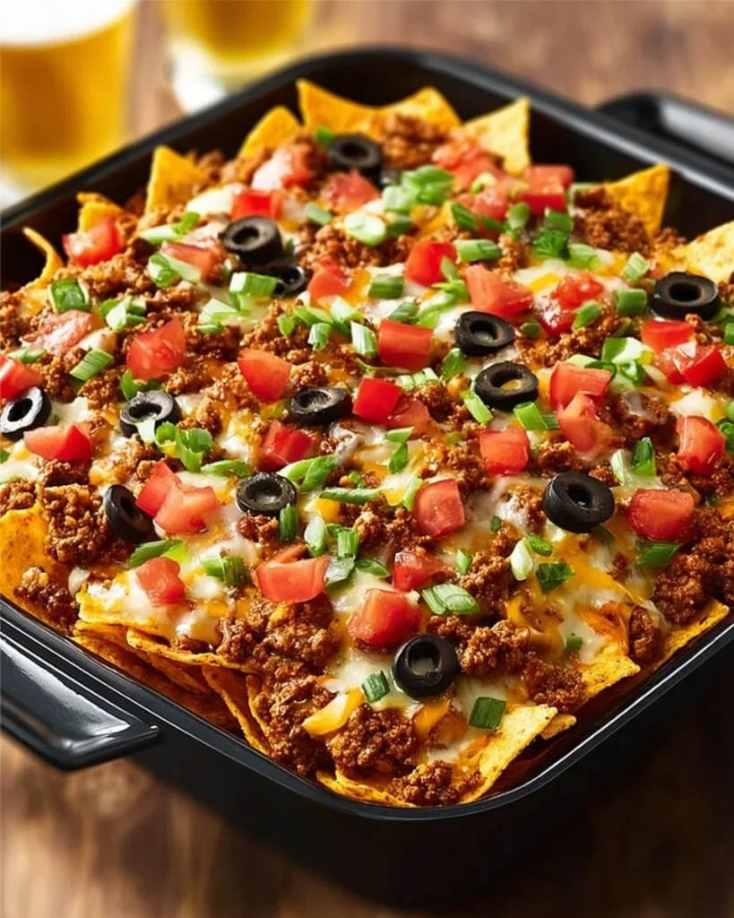Delicious Dorito Casserole topped with melted cheese and crunchy Doritos