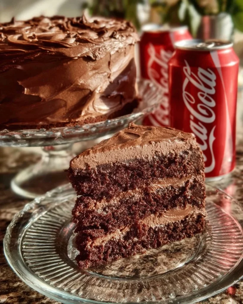 Delicious Double Chocolate Coca Cola Cake topped with rich chocolate frosting.