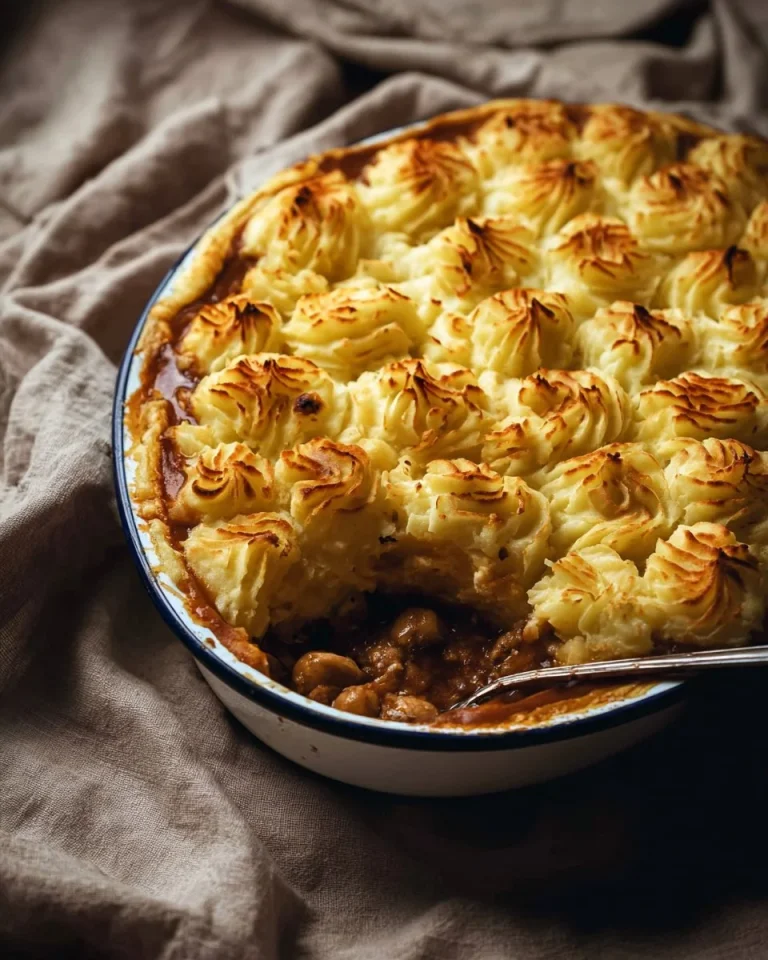 Duchess Potato Chicken Mushroom Pie served on a plate
