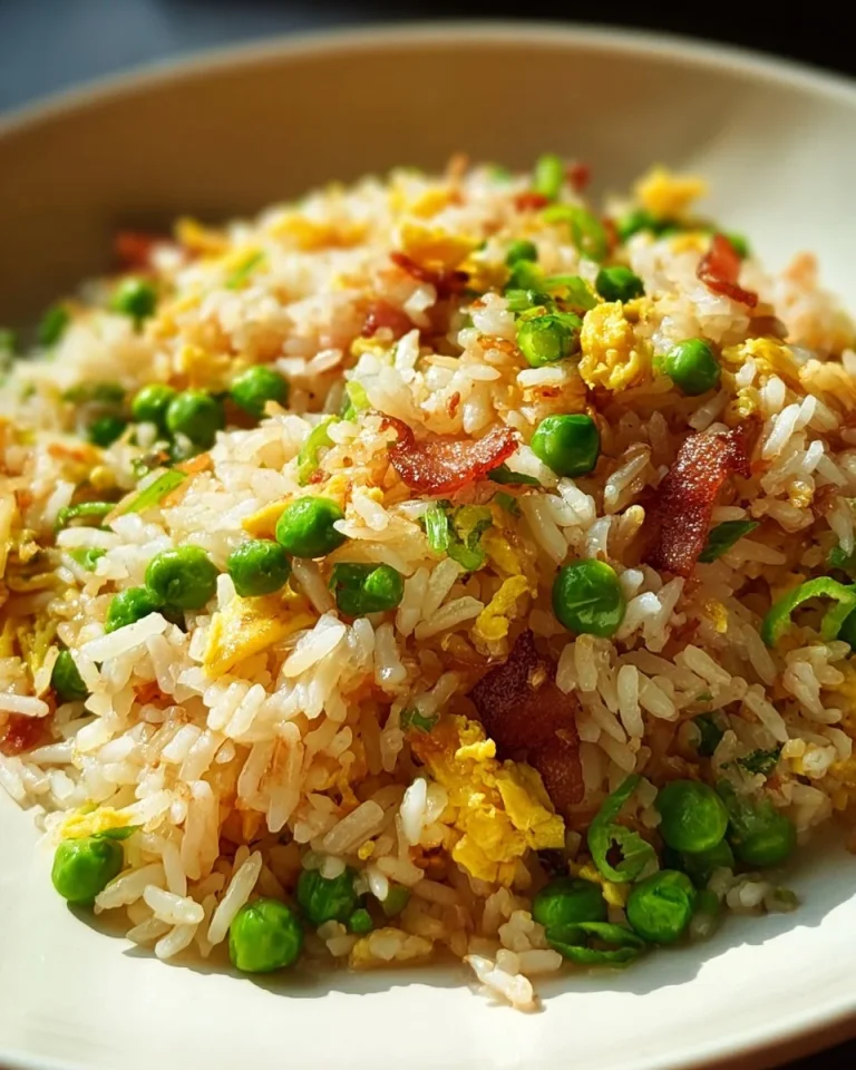Bacon fried rice in a bowl with vegetables and green onions