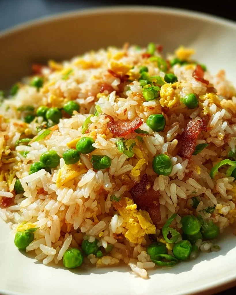 Bacon fried rice in a bowl with vegetables and green onions