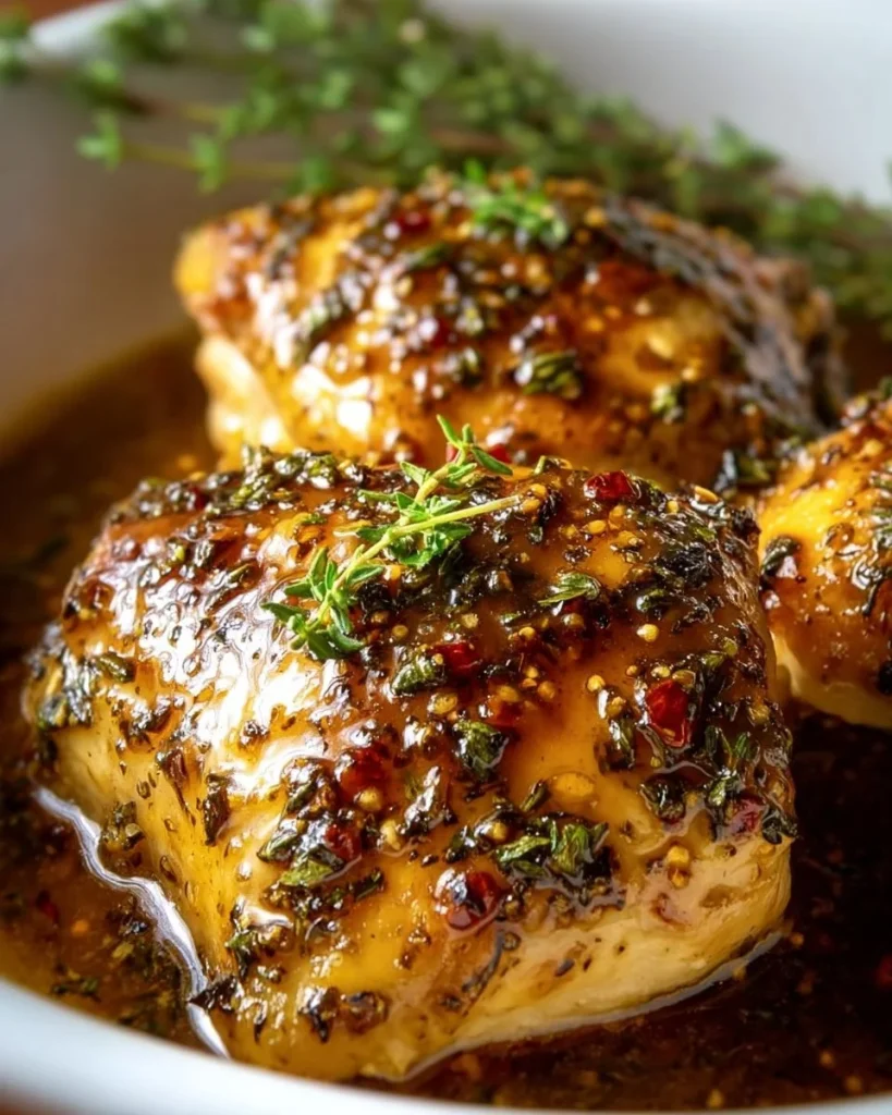 Baked honey dijon chicken garnished with herbs on a white plate.