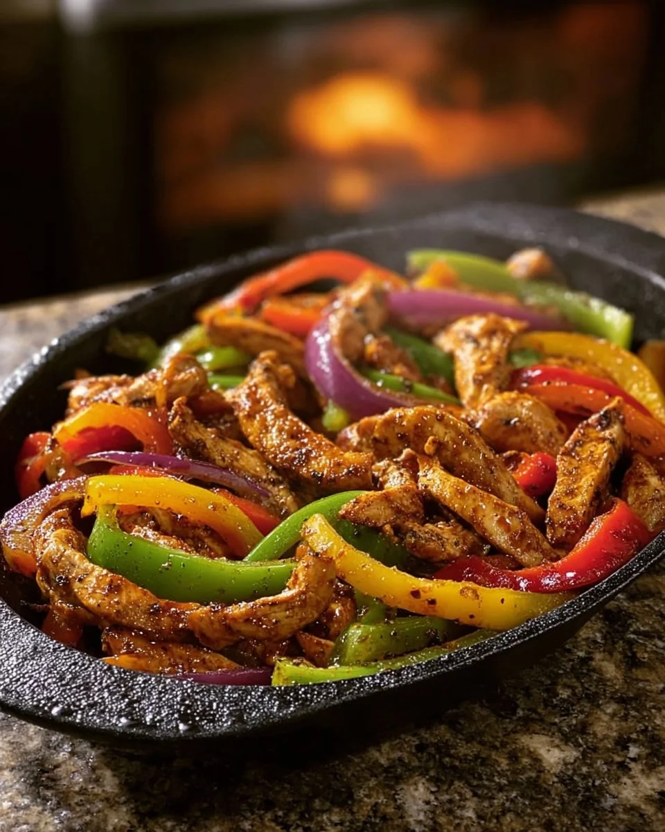 Easy Chicken Fajitas served with colorful peppers and onions