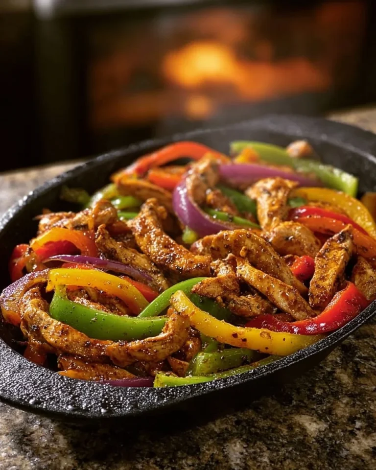 Delicious easy chicken fajitas served with fresh vegetables and tortillas.