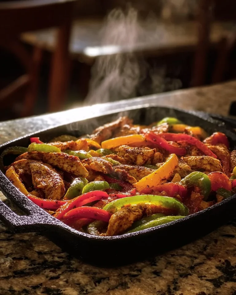 Delicious easy chicken fajitas served with colorful peppers and onions