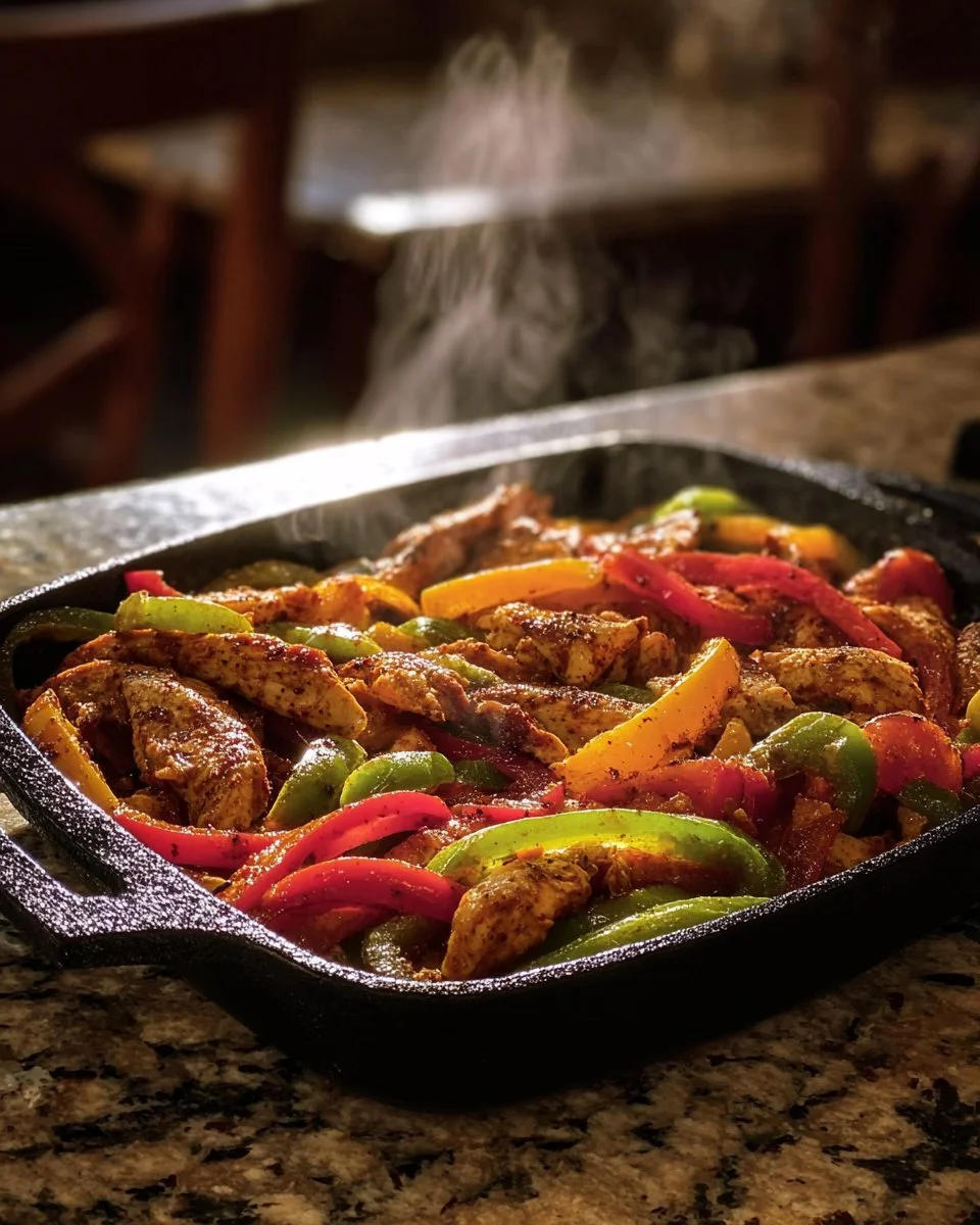 Delicious easy chicken fajitas served with colorful peppers and onions