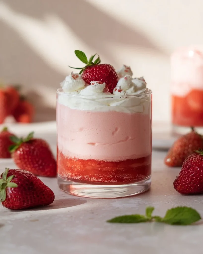 A bowl of easy fresh strawberry mousse topped with fresh strawberries and mint.