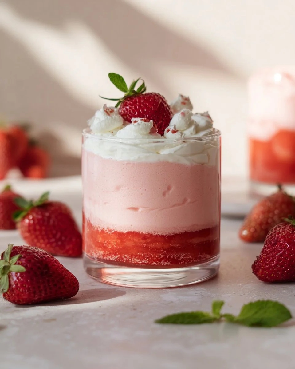 A bowl of easy fresh strawberry mousse topped with fresh strawberries and mint.