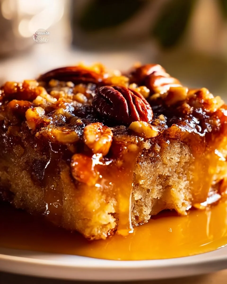 Delicious easy pecan pie dump cake served on a dessert plate