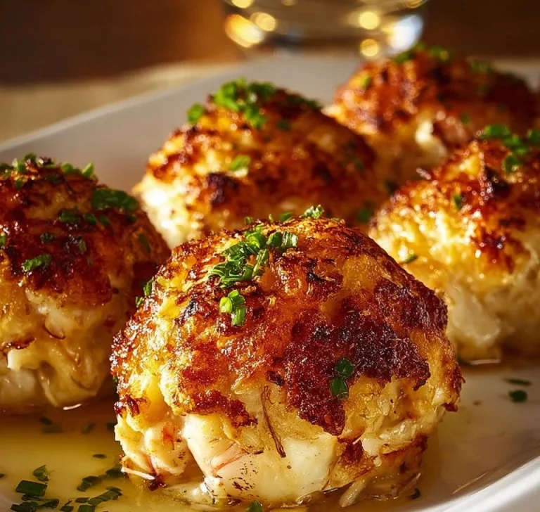 Delicious classic crab bombs served on a plate with herbs and seasoning.