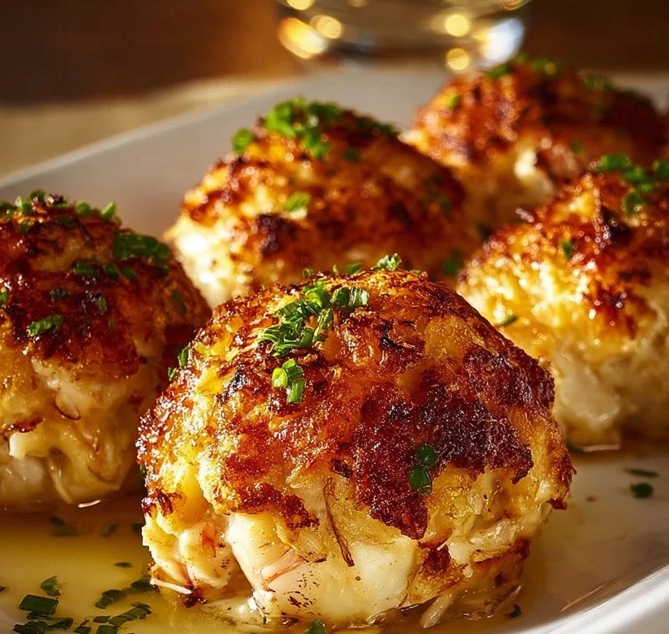 Delicious classic crab bombs served on a plate with herbs and seasoning.